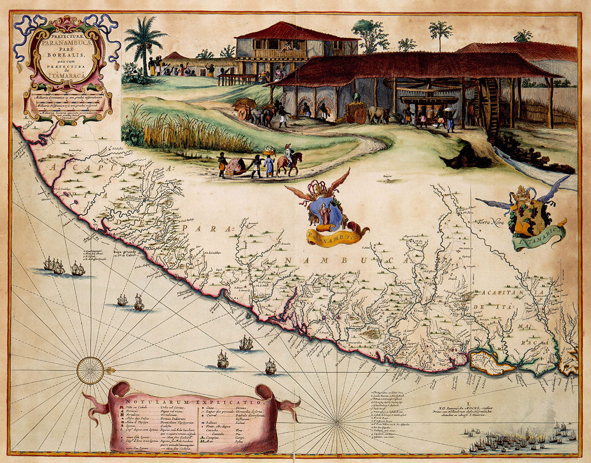 Mapa de Pernambuco incluindo Itamaracá, de George Marcgraf com ilustrações de Frans Post, 1643. Acervo do Instituto Ricardo Brennand, Recife, Brasil. Tamanho: 56 cm altura, 46 cm largura