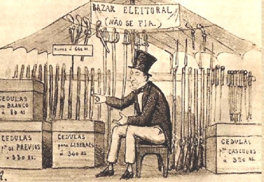 “Bazar eleitoral”, charge de Ângelo Agostini, publicada em Cabrião, ano 1, no 18, São Paulo, c.1866.