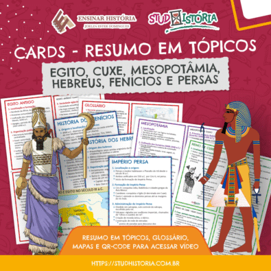 6 Civilizações Antigas em tópicos no formato de cartões.
